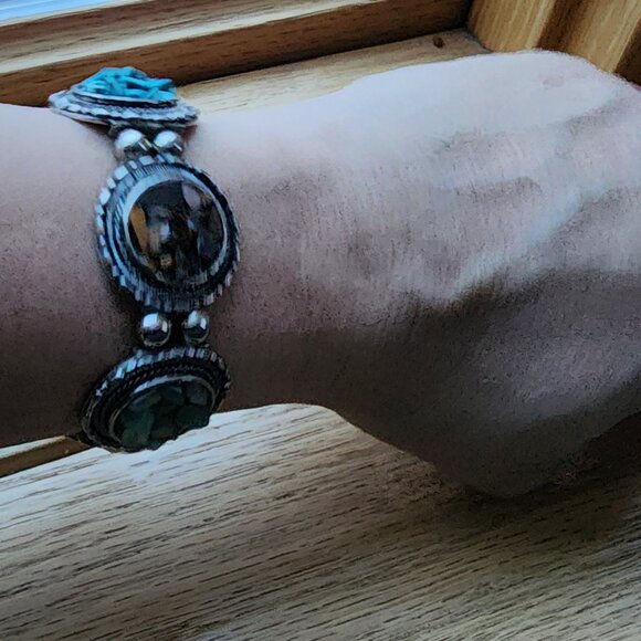 Vintage Mixed Stone Chips Stretch Silver Tone Bracelet - Picture 16 of 16